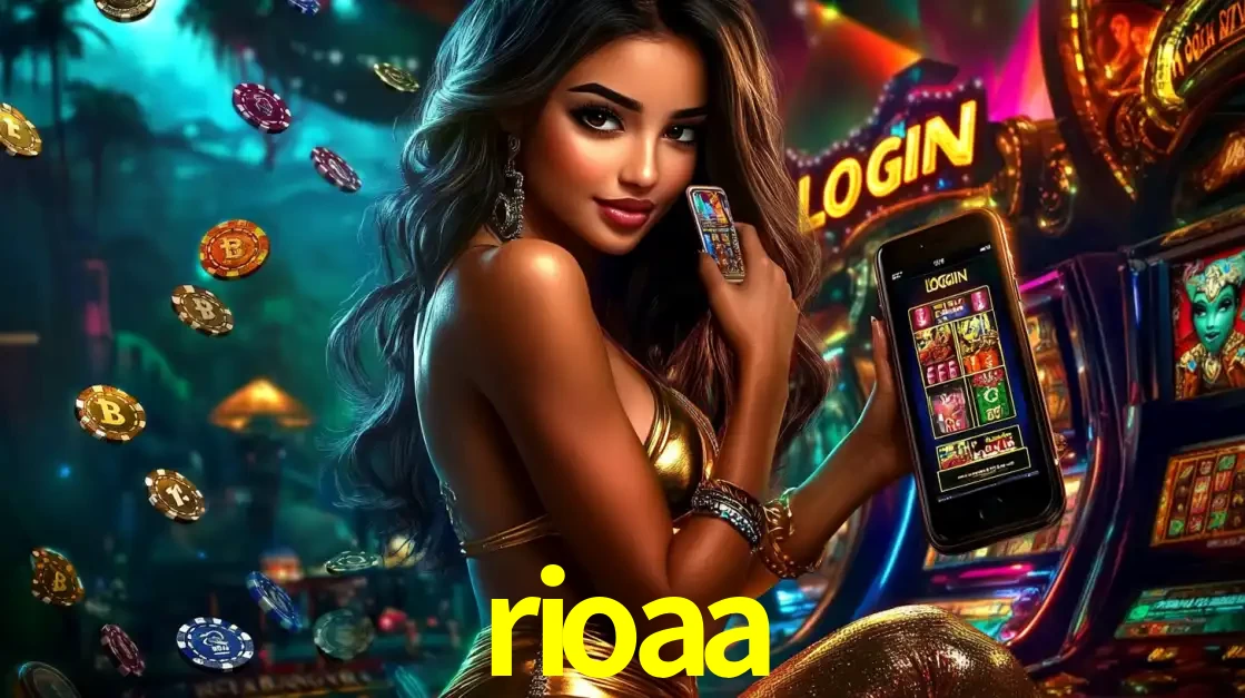 Mulher em um cenário de cassino temático de aventura, mostrando o app de caça-níqueis da rioaa no celular. Fichas de apostas flutuam ao redor.