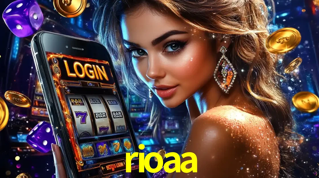 Mulher glamorosa segurando um smartphone com a tela de login para os jogos de caça-níqueis do cassino online rioaa, com moedas de ouro e dados ao redor.